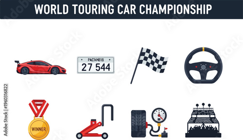 Set of World Touring Car Championship elements including car, flag, steering wheel, medal, jack, tire and stadium