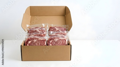 A brown cardboard box with its lid partially open, containing four vacuum-sealed red meat packages