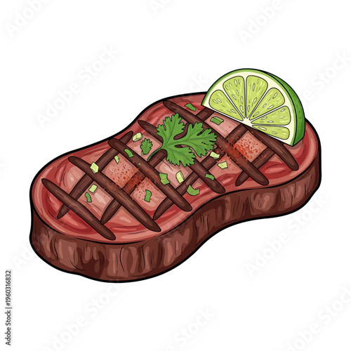Grilled steak with lime and herbs, isolated on white background