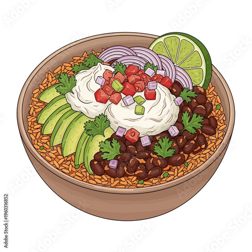 Healthy burrito bowl with rice, beans, avocado, and toppings