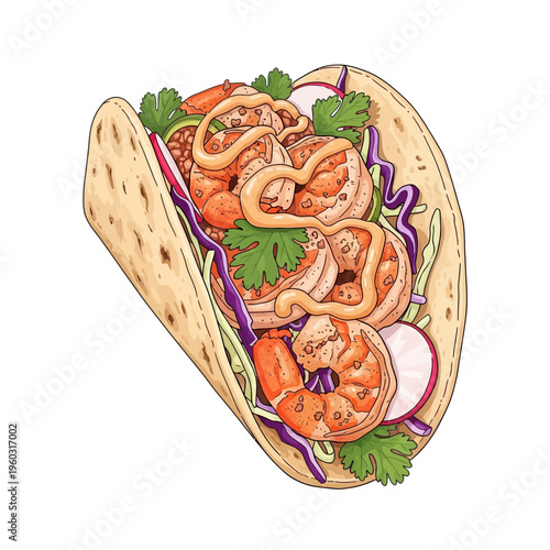 Shrimp Taco with Fresh Toppings and Creamy Sauce