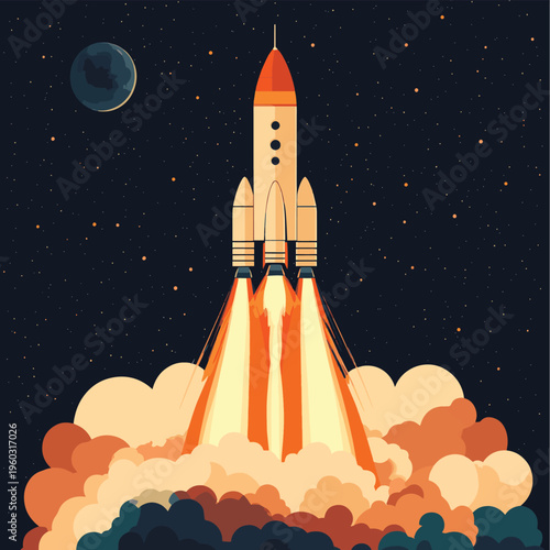 A large rocket ignites its engines and ascends into space above planet Earth with dramatic fire and smoke trailing behind , vector style simple color