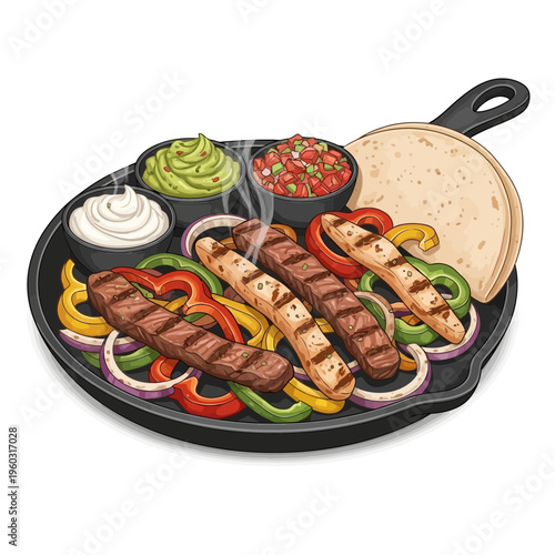 Sizzling Fajitas Platter with Grilled Meats, Peppers, Onions, Guacamole, Salsa, Sour Cream, and Tortillas