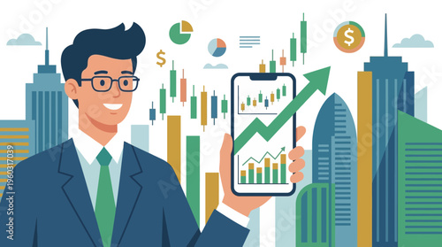 Successful businessman analyzes financial market growth on mobile app with city skyline and stock charts in background