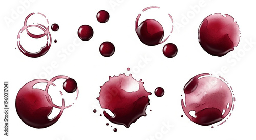 Set of red wine stains isolated on white background.