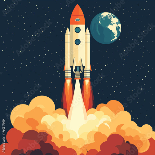A large rocket ignites its engines and ascends into space above planet Earth with dramatic fire and smoke trailing behind , vector style simple color