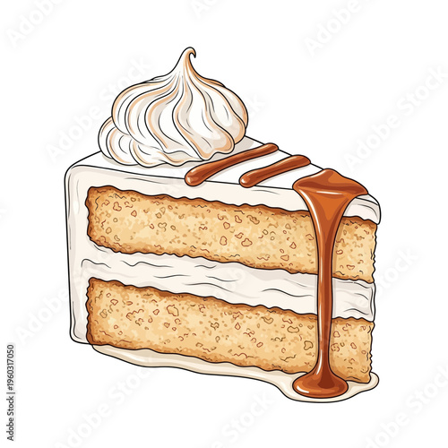 Slice of layered cake with whipped cream and caramel drizzle