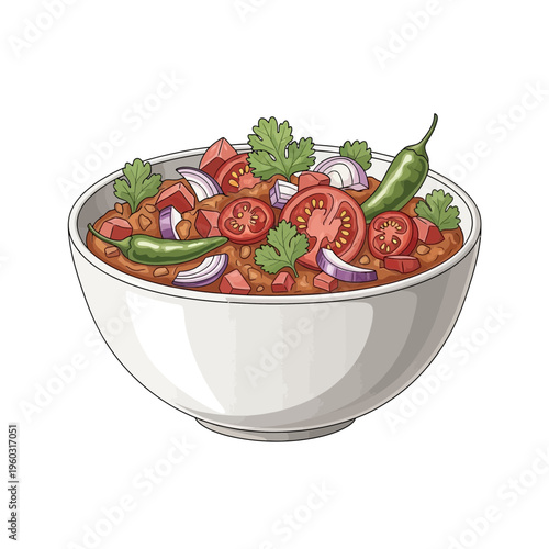 Spicy Indian Chana Masala in a White Bowl, Garnished with Cilantro and Chili