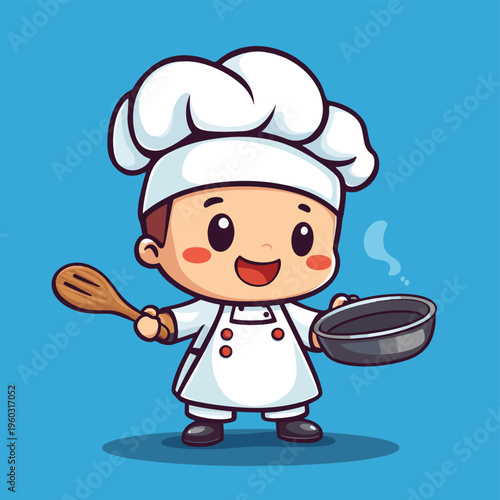 A cartoon chef character in a chef hat and apron joyfully holding a frying pan and a wooden spoon , vector style simple color