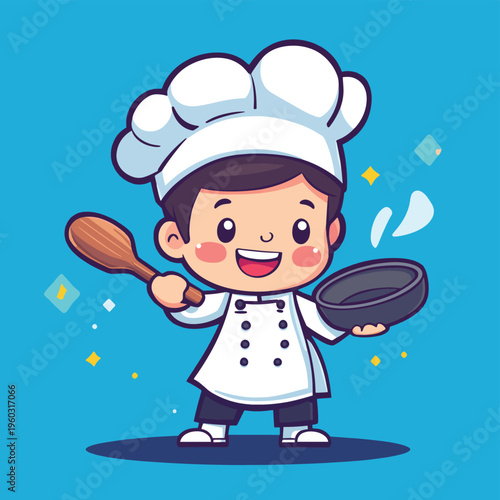 A cartoon chef character in a chef hat and apron joyfully holding a frying pan and a wooden spoon , vector style simple color