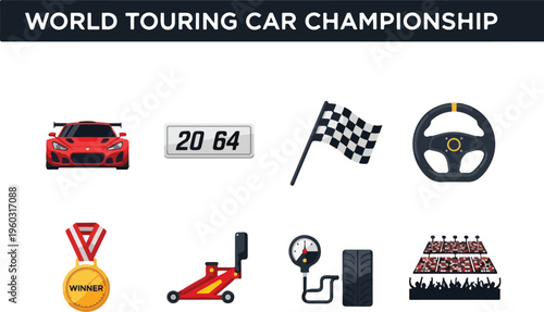 World Touring Car Championship icons, including race car, checkered flag, steering wheel, trophy, and tire pressure gauge