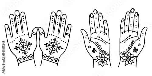 Line drawing of two pairs of hands decorated with detailed designs