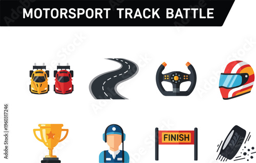 Collection of Motorsport Track Battle Icons Featuring Racing Cars, Helmets, Trophies, and Track Elements