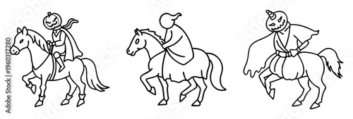 Three drawings of headless horsemen on horses perfect for Halloween designs