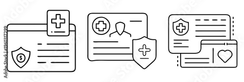 Healthcare documents and health insurance policy icons in outline design style