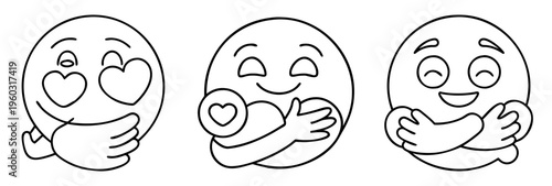Three affectionate emoji characters expressing love and selfcare in black and white