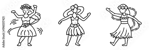 Three charming hula dancers in a black and white line drawing