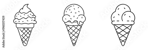 Three different black and white ice cream cones with different toppings