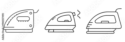 Minimalist depiction of three electric clothes irons with varying designs and features