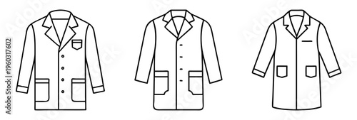 Three variations of line drawing illustrations of doctor or lab coats