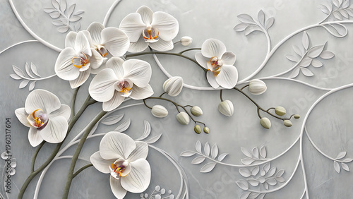 orchids flower wallpaper gray texture elegant mural with 3d embossed