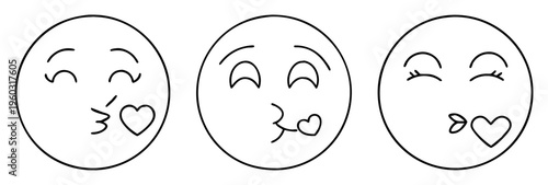 Three monochrome line drawing emoticons sending kisses with sweet expressions