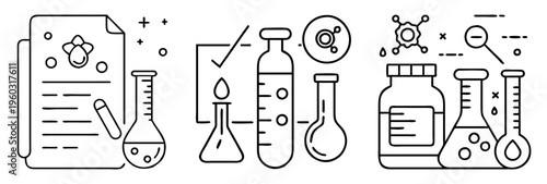 Line art illustration depicting a laboratory setting with scientific instruments and documentation