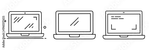 Three minimalist laptop drawings demonstrating different states or actions