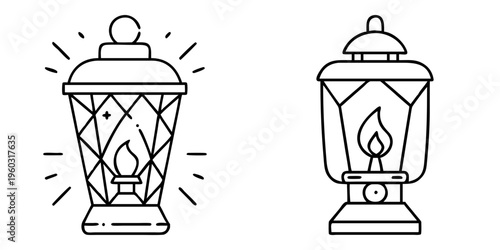 Line art illustration of two classic lanterns each with a burning flame
