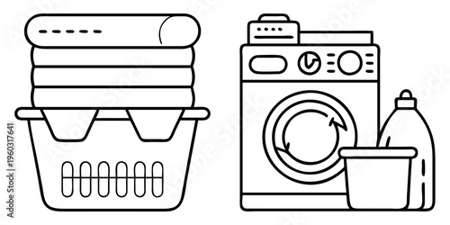 Laundry day featuring a washing machine, detergent, and a full laundry basket