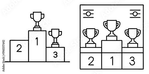Line drawing illustrating a podium with numbered ranks and trophies for winners