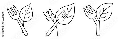 Simple line art illustration depicting fork and leaf arrangements in black and white