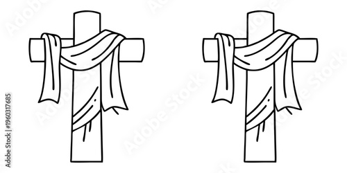 Double Christian Cross with a draped cloth, black outline on white
