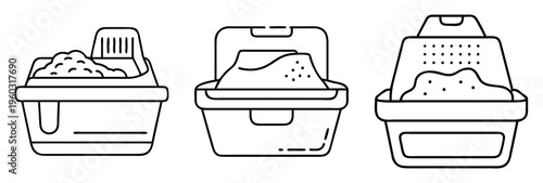 Three stylized outline containers filled with materials, design illustration