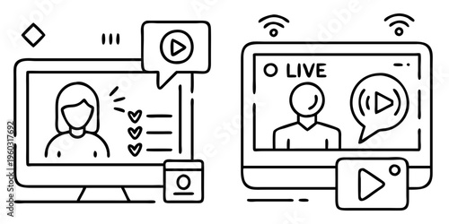 Digital online video communication on the computer and going live graphic