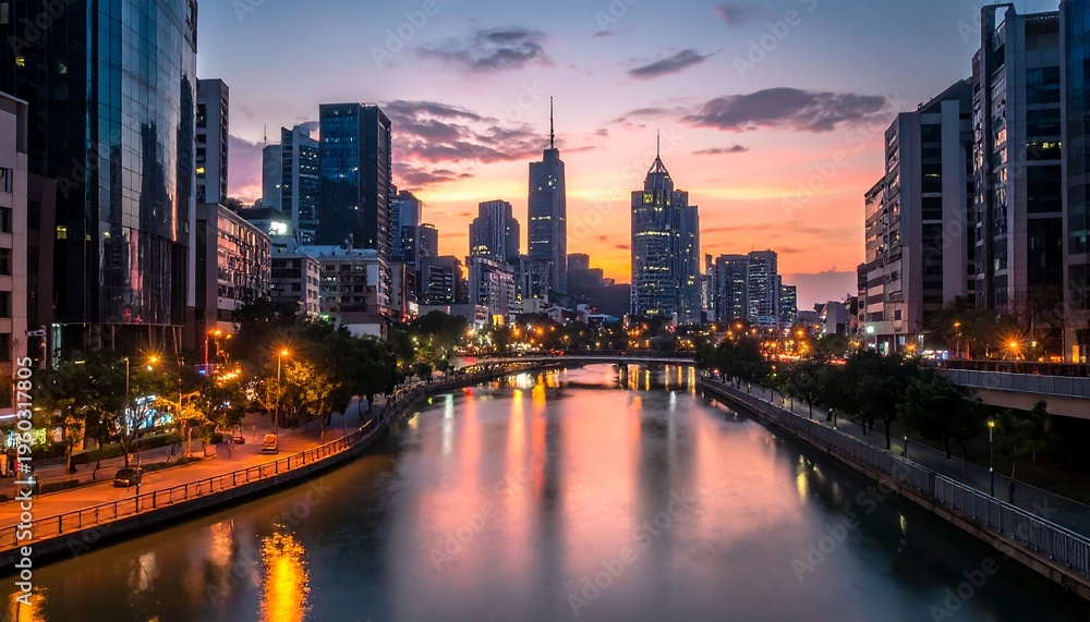 Fototapeta premium Shanghai Skyline at Dusk - A Vibrant Urban Landscape.