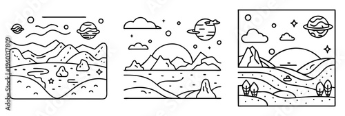 Three stylized landscapes showcasing mountains, planets, clouds, and celestial bodies in black and white