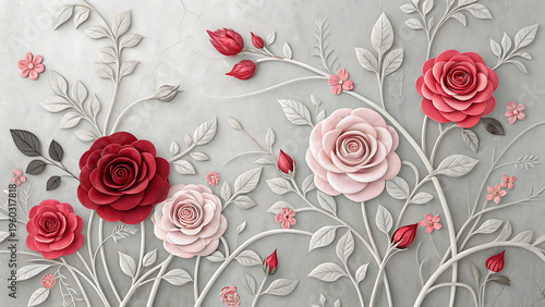  red and pink roses wallpaper on gray texture elegant mural with 3d embossed