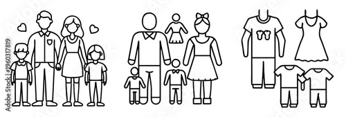 stylized black and white drawing of different families and outfits