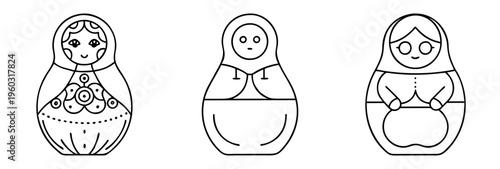 Three Matryoshka Dolls in a Simple Line Art Style Illustration
