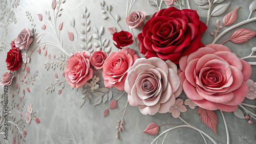 red and pink roses wallpaper on gray texture elegant mural with 3d embossed