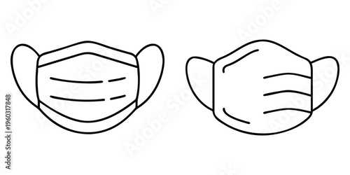 Two simple black and white outlined illustration of medical face masks