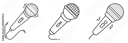 Set of microphone illustrations in black outline on white background