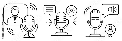 Black and white drawing of vintage microphone sets with various types of interfaces