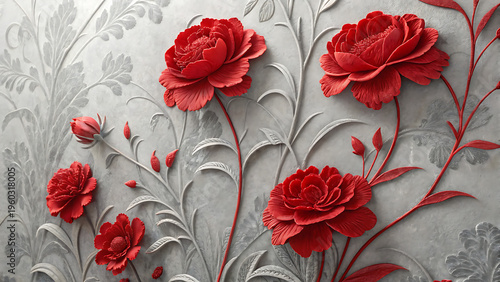 red Carnations flower wallpaper on gray texture. Elegant mural with 3D embossed flowers