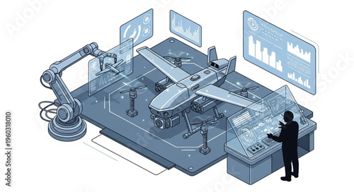 Drone manufacturing and testing process in a futuristic laboratory environment.