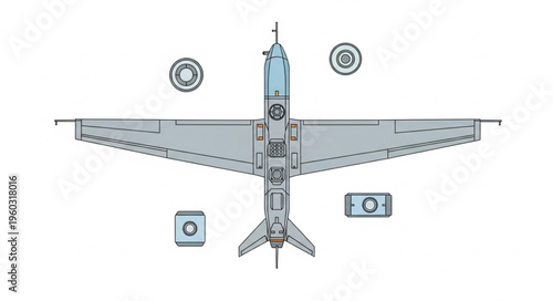 Overhead view of a detailed aircraft design, showcasing wings and structure.
