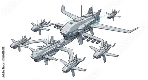 Futuristic aerial armada of advanced aircraft in a formation, ready for action.