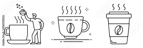 Iconic coffee set featuring preparation, cup with coffee bean and takeaway