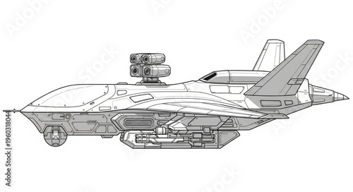 Detailed illustration of a futuristic aircraft with advanced weaponry systems.